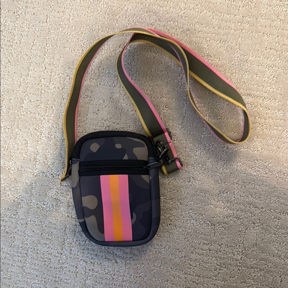 Parker & Hyde Camouflage Crossbody Bag with Pink and Orange Stripes